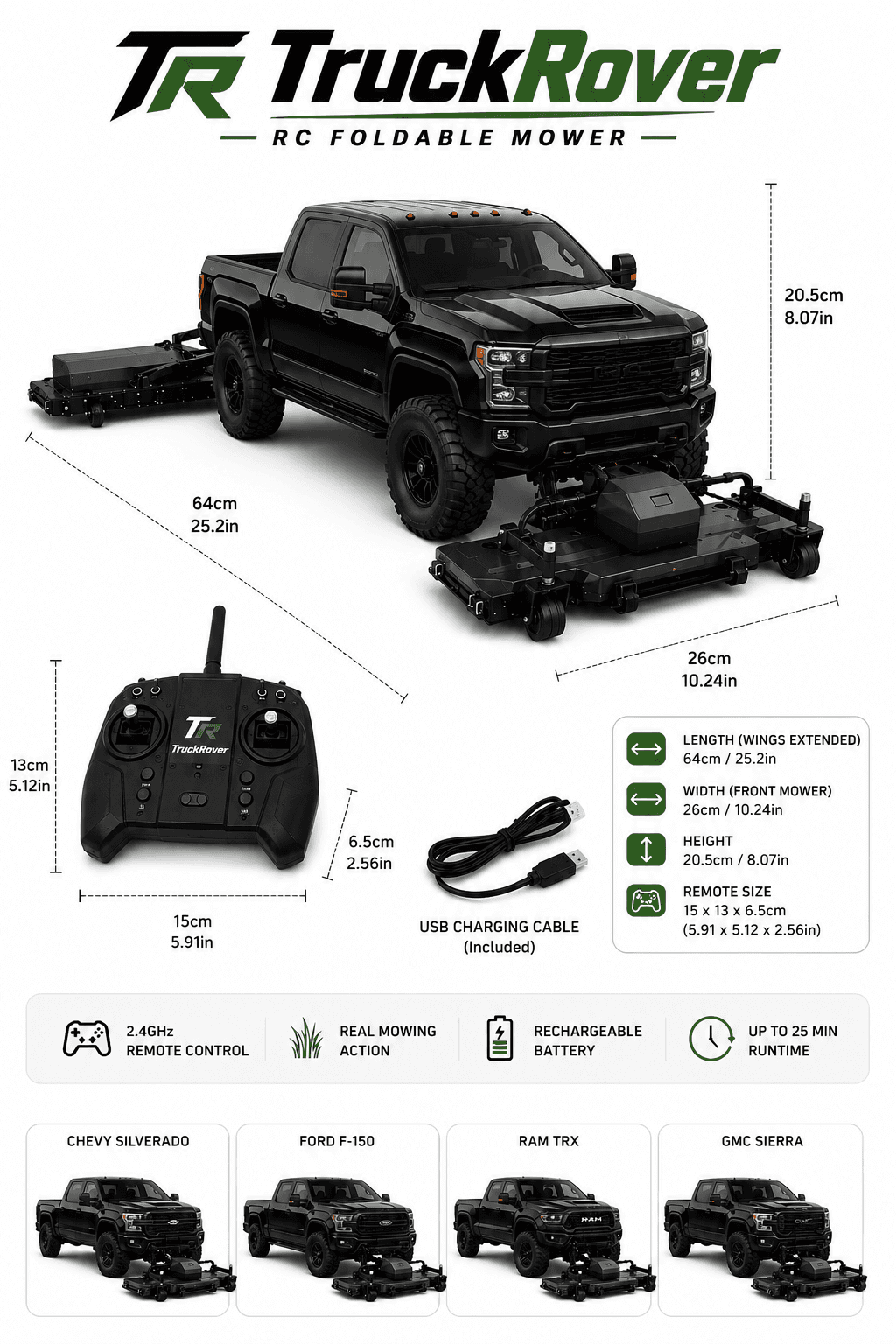 TruckRover supplied specification sheet with vehicle, remote, cable, and dimensions
